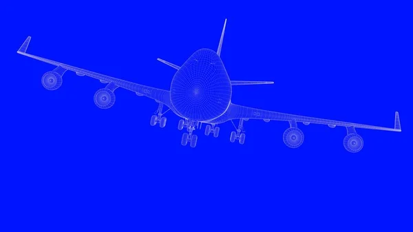 Representación 3d de un avión de impresión azul en líneas blancas sobre un azul b — Foto de Stock