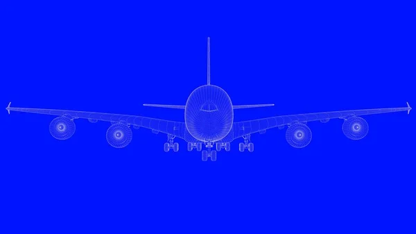 3d rendering of a blue print airplane in white lines on a blue b — Stock Photo, Image