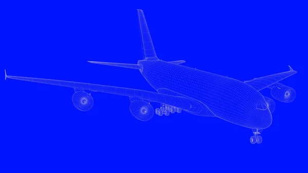 3d rendering of a blue print airplane in white lines on a blue b — Stock Photo, Image