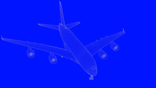 Representación 3d de un avión de impresión azul en líneas blancas sobre un azul b — Foto de Stock