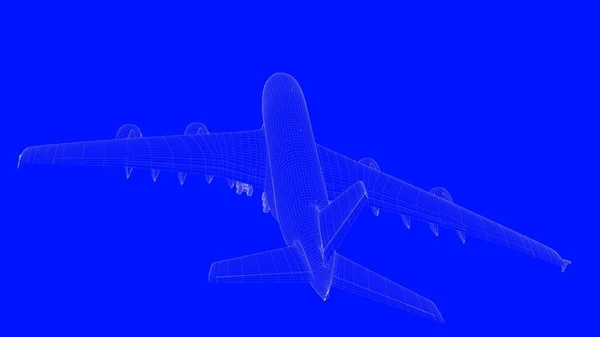 Representación 3d de un avión de impresión azul en líneas blancas sobre un azul b — Foto de Stock