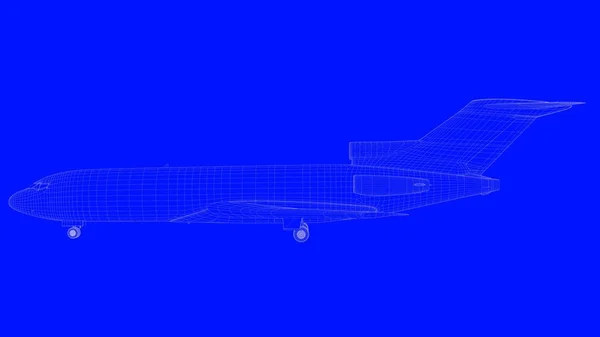 3D-Rendering eines Blue-Print-Flugzeugs in weißen Linien auf blauem b — Stockfoto