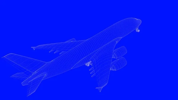 3d rendering of a blue print airplane in white lines on a blue b — Stock Photo, Image