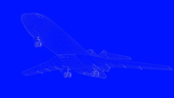 3d 渲染的蓝色打印飞机在蓝色的 b 上的白线 — 图库照片
