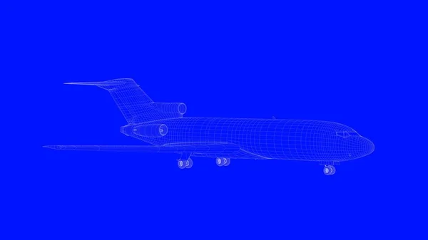3d візуалізація синього друкованого літака в білих лініях на синьому b — стокове фото