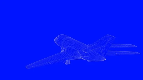 Representación 3d de un avión de impresión azul en líneas blancas sobre un azul b —  Fotos de Stock