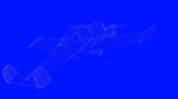 3d візуалізація синього друкованого літака в білих лініях на синьому b — стокове фото