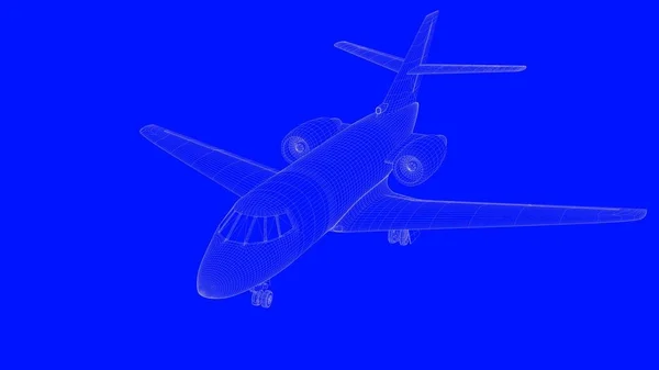3d rendering of a blue print airplane in white lines on a blue b — Stock Photo, Image