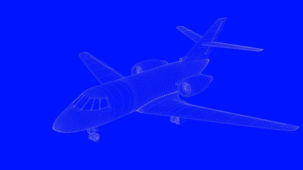Τρισδιάστατη απεικόνιση του ένα μπλε εκτύπωσης αεροπλάνο σε λευκές γραμμές σε ένα μπλε β — Φωτογραφία Αρχείου