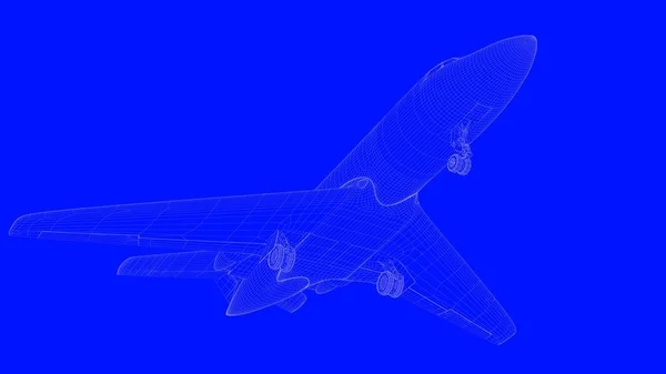 Representación 3d de un avión de impresión azul en líneas blancas sobre un azul b —  Fotos de Stock