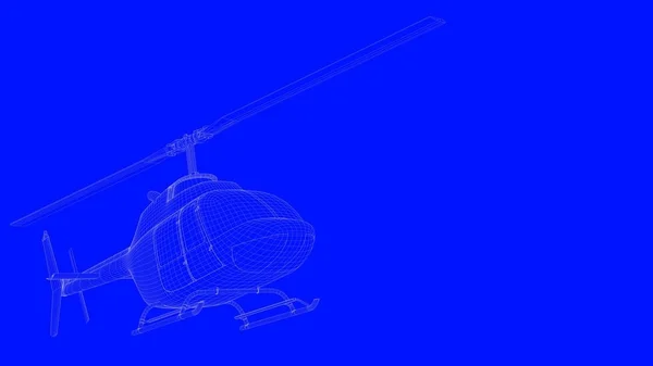 3D-rendering av en blå print helikopter i vita linjer på en blu — Stockfoto