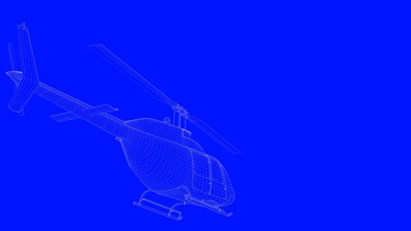 Rendering 3D di un elicottero a stampa blu in linee bianche su un blu — Foto Stock
