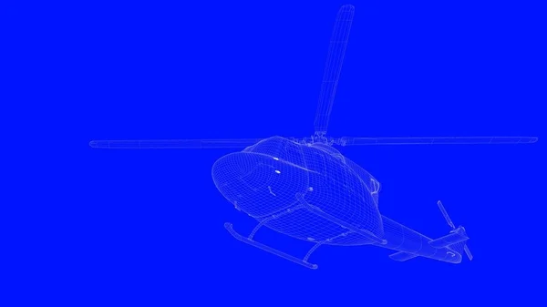 Representación 3d de un helicóptero de impresión azul en líneas blancas en un blu —  Fotos de Stock