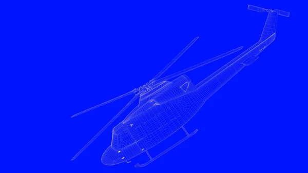 蓝色打印直升机的白线上蓝光 3d 渲染 — 图库照片
