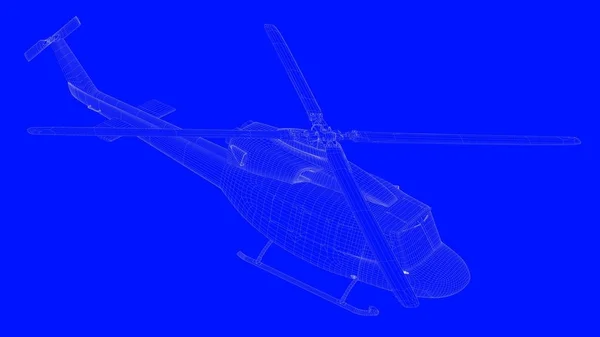 Representación 3d de un helicóptero de impresión azul en líneas blancas en un blu — Foto de Stock