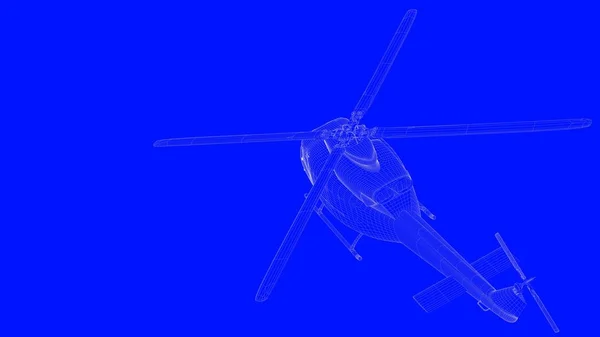 Representación 3d de un helicóptero de impresión azul en líneas blancas en un blu — Foto de Stock