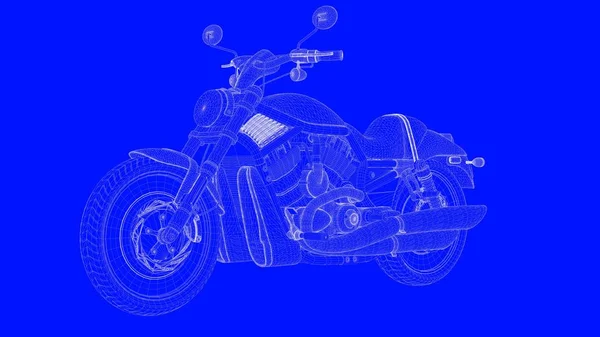 3D-rendering av en blå print motor i vita linjer på en blå bac — Stockfoto
