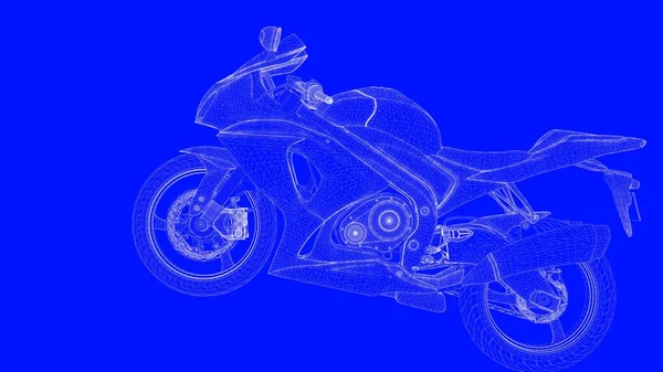 3D візуалізація синього друкованого двигуна в білих лініях на синьому спині — стокове фото