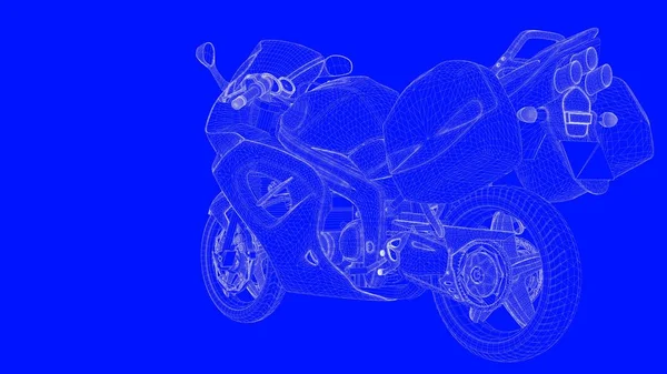 3D візуалізація синього друкованого двигуна в білих лініях на синьому спині — стокове фото