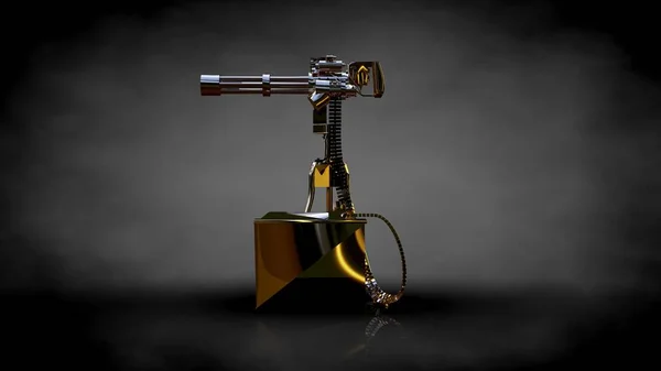 Representación 3d de una pistola de tiro de oro sobre un fondo oscuro — Foto de Stock