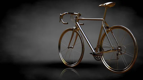 3D renderização de uma bicicleta dourada em um fundo escuro — Fotografia de Stock