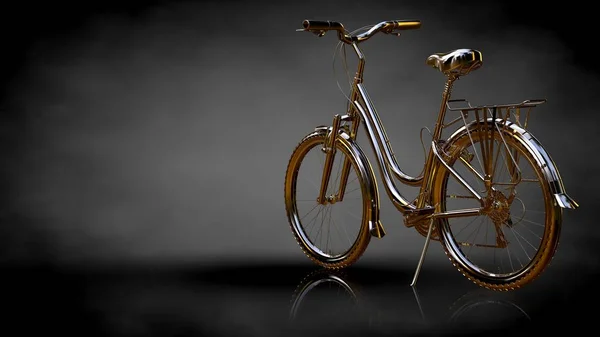 Τρισδιάστατη απεικόνιση του ένα χρυσό ποδήλατο σε σκούρο φόντο — Φωτογραφία Αρχείου
