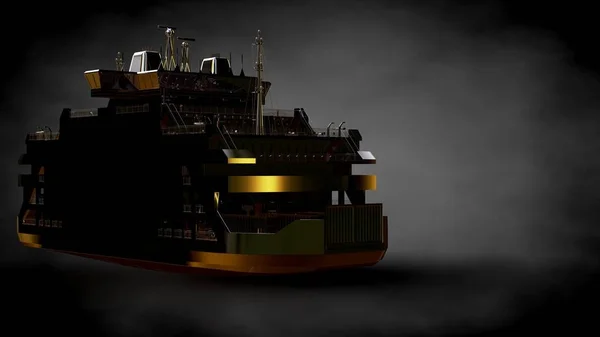 3D рендеринг золотого корабля на темном фоне — стоковое фото