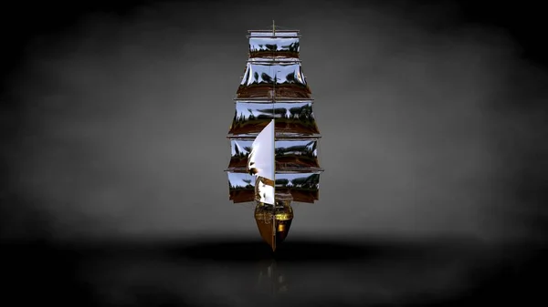 Karanlık bir arka plan üzerinde bir altın korsan teknenin 3D render — Stok fotoğraf