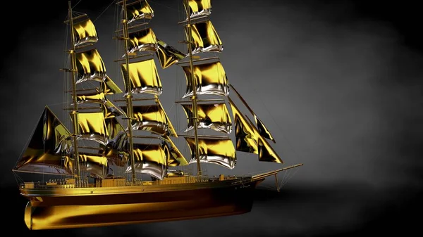 暗い背景に金色の海賊船の 3 d レンダリング — ストック写真