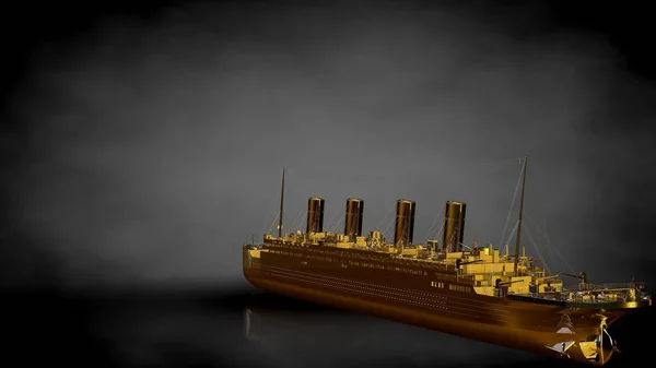 3D-weergave van een gouden schip op een donkere achtergrond — Stockfoto