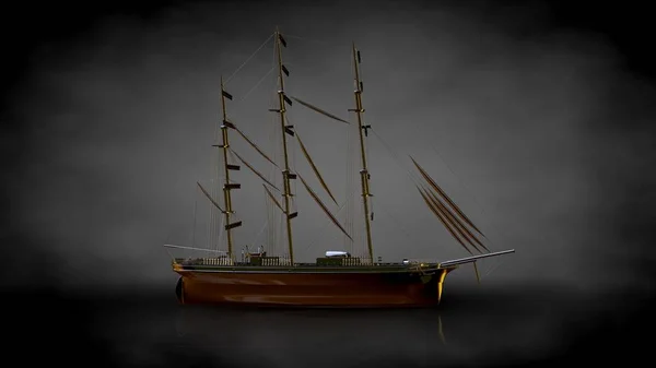 3d renderização de um barco pirata dourado em um fundo escuro — Fotografia de Stock