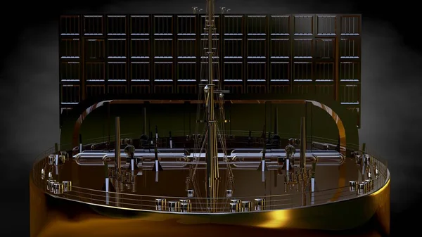 Representación 3d de una nave dorada sobre un fondo oscuro — Foto de Stock
