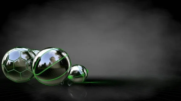 3d renderização de uma bolas reflexivas com linhas delineadas verdes como — Fotografia de Stock