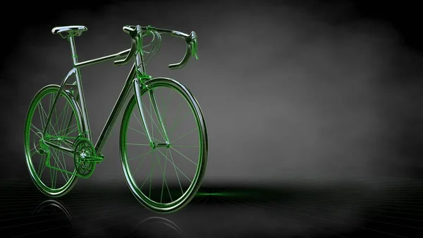 3D-rendering av en reflekterande cykel med gröna skisserat linjer som b — Stockfoto