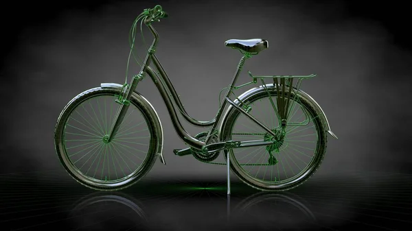 3D-Darstellung eines reflektierenden Fahrrads mit grün umrissenen Linien als b — Stockfoto