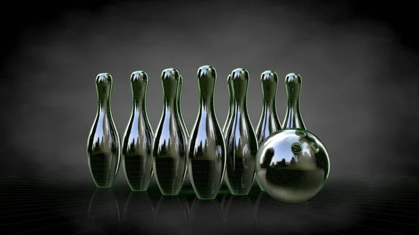 Rendering 3d di un set da bowling riflettente con lin verde delineato — Foto Stock