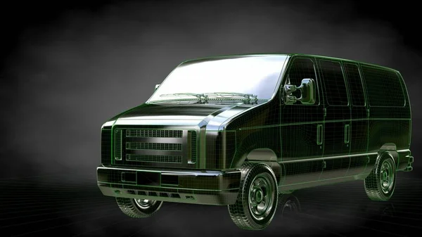 3D-Darstellung eines reflektierenden Autos mit grünen Umrissen als bl — Stockfoto