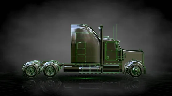 3d representación de un camión reflectante con líneas perfiladas verdes como —  Fotos de Stock