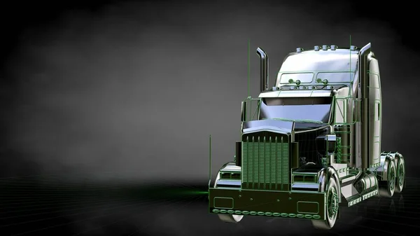 3D-Rendering eines reflektierenden LKW mit grün umrissenen Linien als — Stockfoto