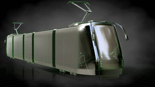 3d rendering of a reflective train with green outlined lines as — Stock Photo, Image