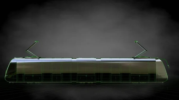 Yeşil Seviyelendirilmiş satırlar halinde yansıtıcı bir trenle 3D render — Stok fotoğraf