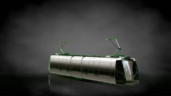 Yeşil Seviyelendirilmiş satırlar halinde yansıtıcı bir trenle 3D render — Stok fotoğraf