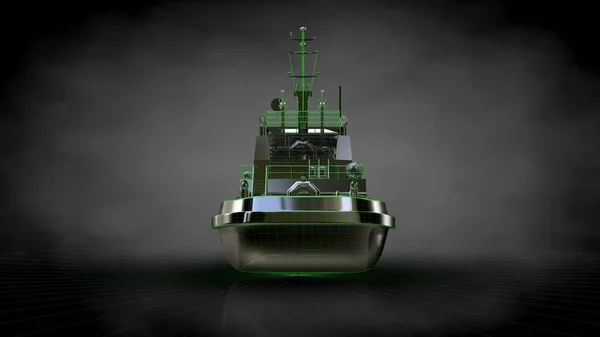 3D-Darstellung eines reflektierenden Schiffes mit grün umrissenen Linien als b — Stockfoto