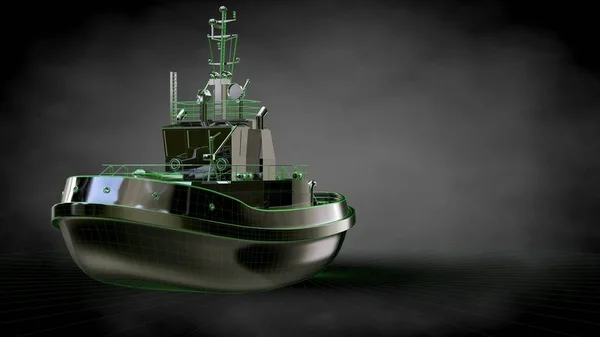 Redare 3D a unei nave reflectorizante cu linii verzi conturate ca b — Fotografie, imagine de stoc