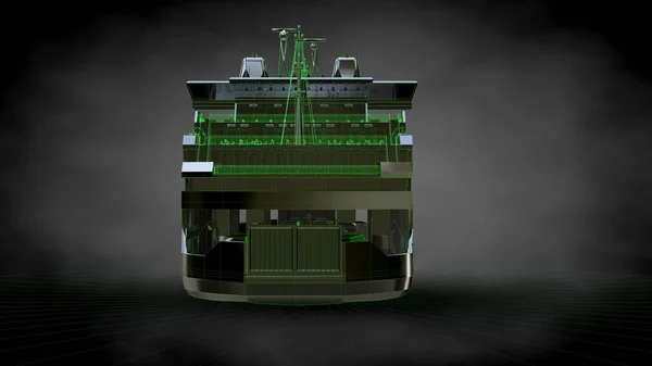 3D-weergave van een reflecterende schip met groene geschetste lijnen als b — Stockfoto