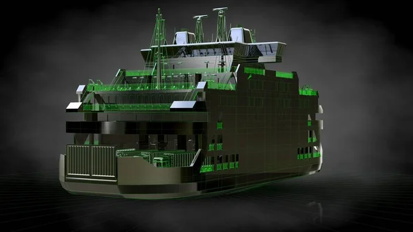 3d representación de un barco reflectante con líneas verdes como b — Foto de Stock