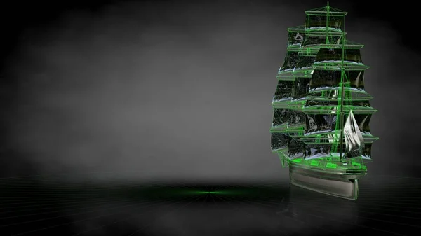 3D-rendering av en reflekterande sjörövarskepp med gröna beskrivs lin — Stockfoto