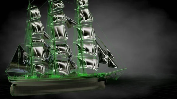 Renderowania 3D łodzi pirate odblaskowe z zielonej opisane lin — Zdjęcie stockowe