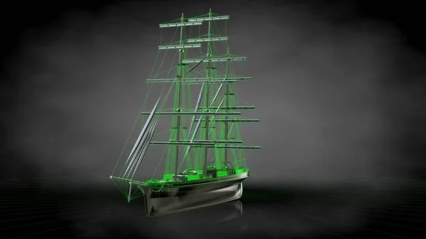 3D vykreslování reflexní pirátské lodi s zelené obrysy lin — Stock fotografie