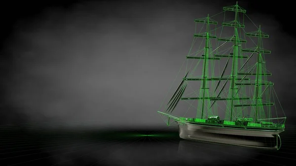 3D візуалізація піратського човна з зеленим викладеним лінією — стокове фото
